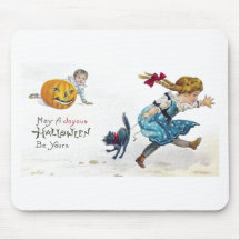 Girl and Scared Cat Run From Jack O'Lantern Mouse Pad