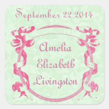 Girl Baby Announcement Pink Ribbon Frame V04 Square Sticker
