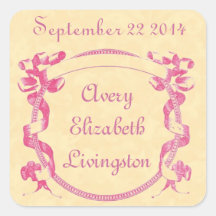 Girl Baby Announcement Pink Ribbon Frame V05 Square Stickers