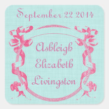 Girl Baby Announcement Pink Ribbon Frame V07 Square Stickers