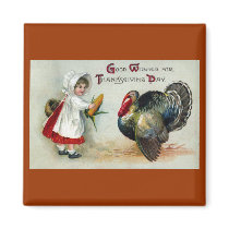 Girl Feeds Corn to Turkey Vintage Thanksgiving Magnet
