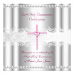 Girl First Holy Communion Silver Lace Pink Pearl Custom Invites