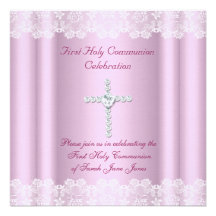 Girl First Holy Communion White Lace Pink Cross Announcement