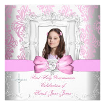 Girl First Holy Communion White Pink Photo Invitations