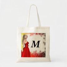 Girl in red dress bags