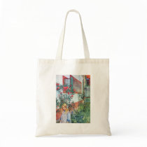 Girl in the Garden with Red Flowers Tote Bag