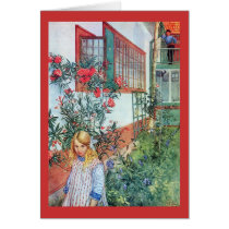 Girl in the Garden with Red Flowers Card