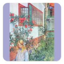 Girl in the Garden with Red Flowers Square Stickers