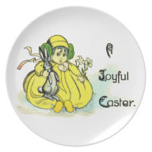 Girl in Yellow Clutching Bunny Vintage Easter Party Plate