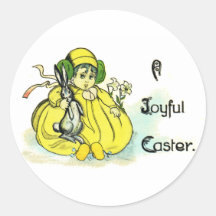 Girl in Yellow Clutching Bunny Vintage Easter Round Stickers