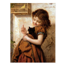 Girl, Kitty Cat & Bird - Vintage Painting Postcard