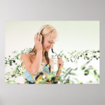 Girl listening to music in a virtual world posters