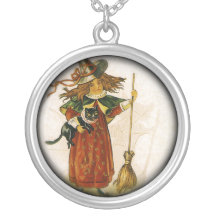 Girl On Halloween With Her Cat And Broom Custom Necklace