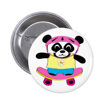 Girl Panda on Skateboard Pinback Buttons