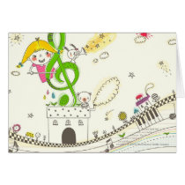 Girl playing with musical notes on house greeting card