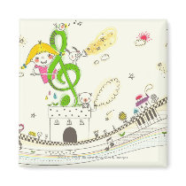 Girl playing with musical notes on house refrigerator magnet