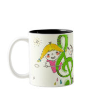 Girl playing with musical notes on house mug