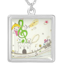 Girl playing with musical notes on house jewelry