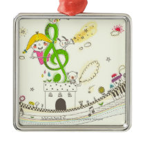 Girl playing with musical notes on house ornaments