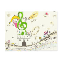 Girl playing with musical notes on house post card