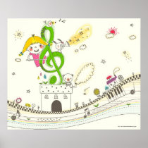 Girl playing with musical notes on house print