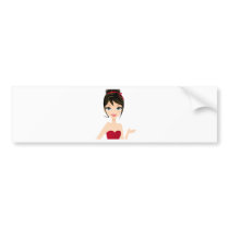 girl presenting bumper stickers