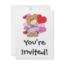 girl  teddy bear in love lots of hearts design invites