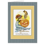 Girl with mirror, pumpkin and owl greeting cards
