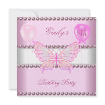 Girls 8th Birthday Butterfly Pink Pearls Balloons Invites
