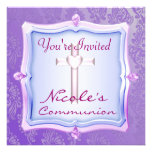 GIRLS COMMUNION INVITATION Purple DAMASK