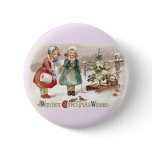 Girls Feeding Birds and Sled with Tree Vintage Pin