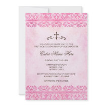Girls first holy communion invitation vintage pink