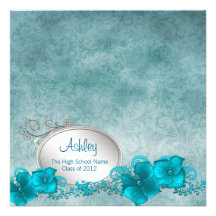 Girls Teal Blue Damask Graduation Announcements