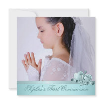 Girls Teal Blue Photo First Communion Invitations