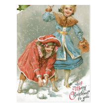 Girls Throwing Snowballs, Merry Christmas Postcards