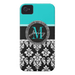 Girly, Aqua, Black Damask. Your Monogram Name iPhone 4 Cover