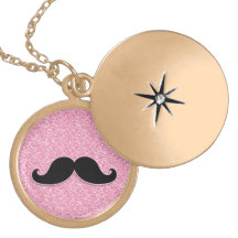 GIRLY BLACK MUSTACHE PINK GLITTER PRINTED PERSONALISED NECKLACE