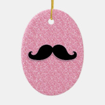 GIRLY BLACK MUSTACHE PINK GLITTER PRINTED CHRISTMAS ORNAMENT