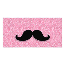 GIRLY BLACK MUSTACHE PINK GLITTER PRINTED CUSTOM PHOTO CARD