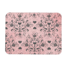girly chic grey heart swirl damask on grunge pink magnet