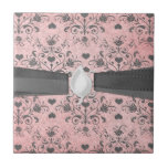girly chic grey heart swirl damask on grunge pink ceramic tile