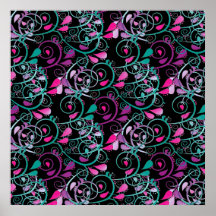Girly Floral Swirls Pink Teal Purple on Black Print