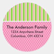 Girly Girl Checks & Stripes Return Address Labels Round Stickers