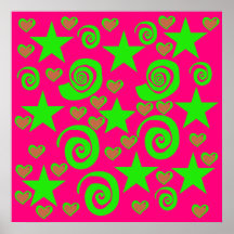 Girly Hot Pink Lime Green Stars Hearts Swirls Gift Print