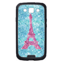 Girly Pink Eiffel Tower, teal blue glitter photo