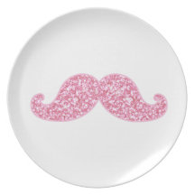 GIRLY PINK GLITTER MUSTACHE PRINTED DINNER PLATES