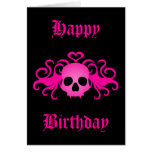 Girly pink goth fanged vampire skull on black card