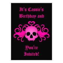 Girly pink goth fanged vampire skull on black custom invites