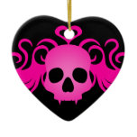 Girly pink goth fanged vampire skull on black christmas tree ornament