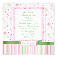 Girly Pink Green Flowers Hearts Birthday Personalized Invitation